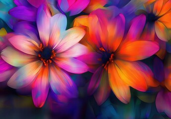 Fototapeta premium Vibrant Abstract Floral Composition Featuring Colorful Blossoms in a Dreamlike Palette of Pink, Purple, and Orange Hues with a Soft Focus Effect