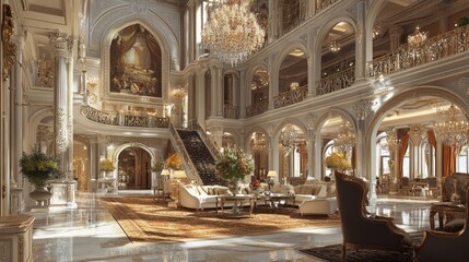 Fototapeta premium Luxury hotel in a historical palace, grand halls, rich tapestries, chandeliers, opulent decor,