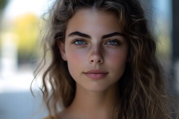 natural beauty with freckles and green eyes in a close-up portrait of a young woman with glowing...