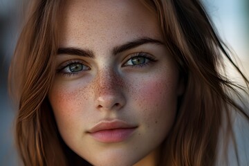 natural beauty with freckles and green eyes in a close-up portrait of a young woman with glowing...