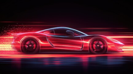 Obraz premium A sleek, futuristic car depicted in motion with vibrant light trails emphasizing speed.
