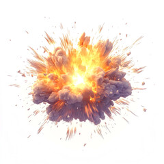 Fiery explosion with smoke and debris on white background.