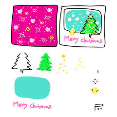 hand drawing 눈오는 트리 눈사람 하트 빛조명 화이트 크리스마스 카드 만들기 리소스 