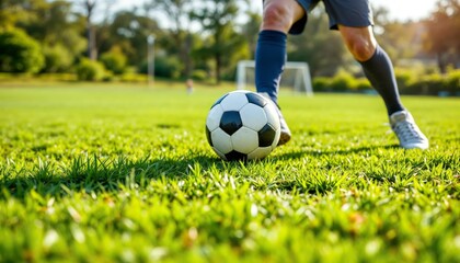 Soccer Player Kicking Ball Grassy Field Action Shot Outdoor Environment Close-Up View Sports Concept