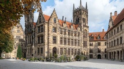 Naklejka premium Historic German Castle Courtyard Autumn Architecture Stone Building Medieval Old Town