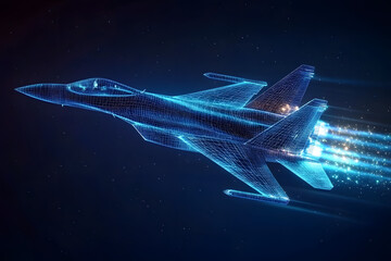 Fototapeta premium Blue Wireframe Jet Fighter in Flight with Glowing Trail