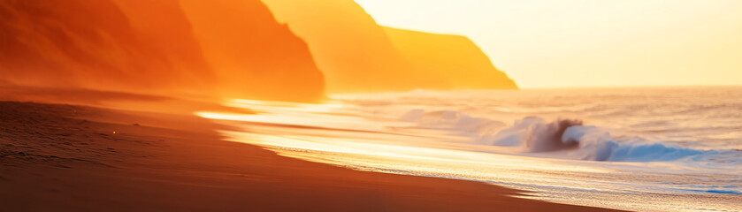 Sunset view over beach with golden hues the waves and cliffs, creating serene atmosphere.