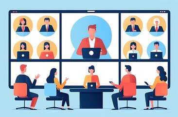 Video conference concept in modern flat design for web. Colleagues connecting online via zoom call from laptop program, speaking and discussing work, doing tasks remotely in team. Illustration.