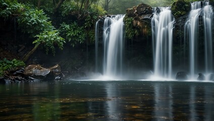 Naklejka premium Serene beauty of a secluded waterfall with soft mist.