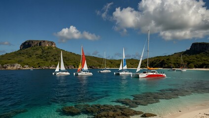 Fototapeta premium Sailing catamarans anchored by a Venezuelan island.
