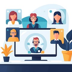 Video conference concept in modern flat design for web. Colleagues connecting online via zoom call from laptop program, speaking and discussing work, doing tasks remotely in team. Illustration.