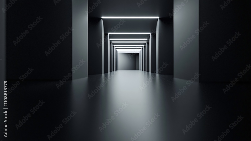 Poster dark futuristic corridor with bright lights leading to unknown space