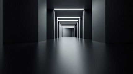 Dark futuristic corridor with bright lights leading to unknown space