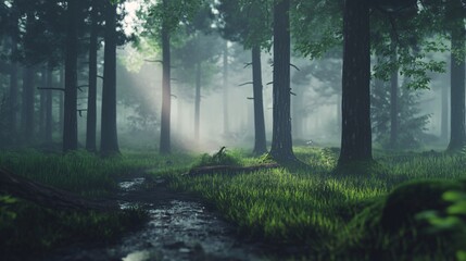 Fototapeta premium Sunbeams shining through fog in a green forest