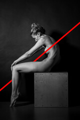 Attractive Blonde Slim caucasian lady posing, showing her ideal curves. Smiling sporty woman nude posing on dark studio background with copy space.