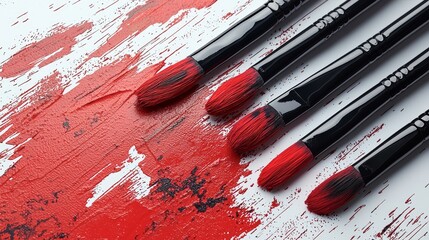 Obraz premium Brushes arranged on a painted surface with red and white details