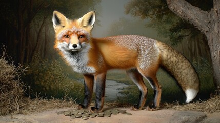 Fototapeta premium Red Fox Standing on Coins Woodland Background Wildlife Photography