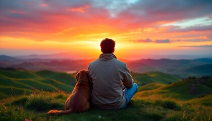 Obraz premium Sunset Serenity: A Heartwarming Moment Between a Man and His Dog in Nature's Embrace