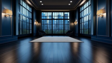 Elegant Dark Room with City View - Luxurious, dimly lit room, large windows, city skyline, modern, sophisticated.