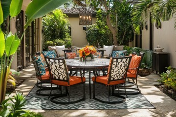 Obraz premium A patio dining set with an iron frame, orange cushions, and a patterned rug on a patio with tropical plants.