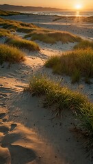Obraz premium Sand dunes and seagrass at sunset, illuminated by warm sunlight.