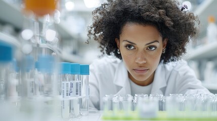 A focused scientist examines test tubes in a lab, showcasing a blend of concentration and curiosity in a modern research environment.