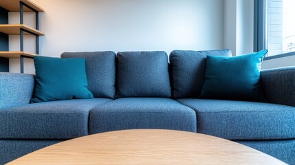 Fototapeta premium Modern Living Room Interior Cozy Couch Teal Pillows Wooden Coffee Table