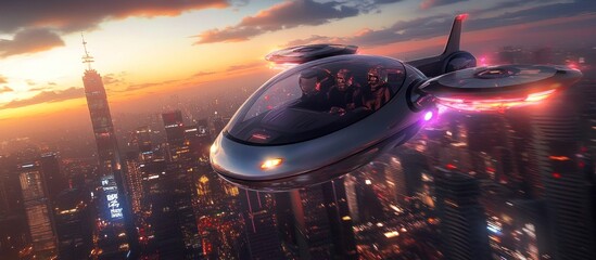 Futuristic flying car soaring over a vibrant cityscape at sunset.