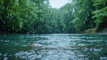 Fototapeta premium Serene Rain on River Lush Green Forest Background Nature Photography