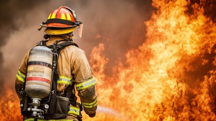 Obraz premium Firefighter battling flames with a hose in a dangerous situation.