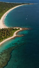 Fototapeta premium Sandy bay with palm-fringed island, aerial view.