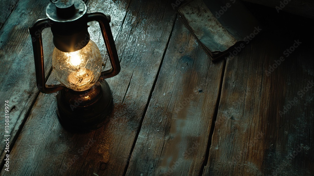 Poster illuminated lantern on rustic wooden surface