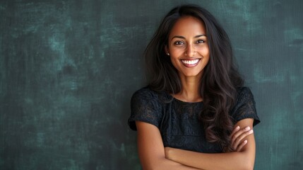 Fototapeta premium A woman with long hair is smiling and posing for a picture