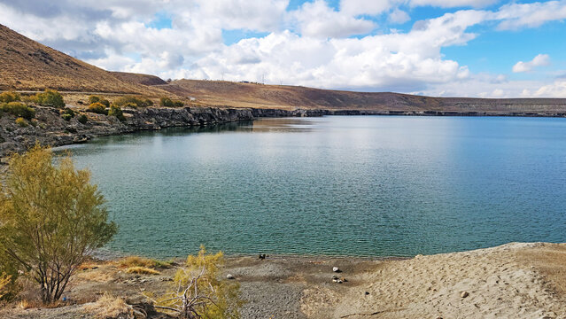 Lake Acigol in Karapinar district of Konya province in Turkiye, formed in a crater by an explosion in a volcanic area. Its water is bitter-salty due to magnesium sulphate.