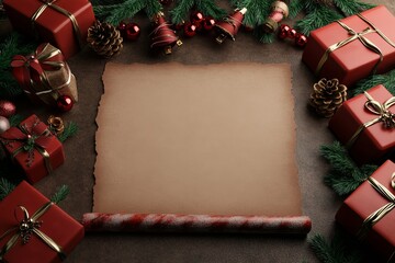 Festive Christmas Blank Parchment - Blank parchment scroll surrounded by Christmas gifts, ornaments, pine cones, and evergreen branches. Symbolizes wishes, tradition, celebration, joy, and anticipatio