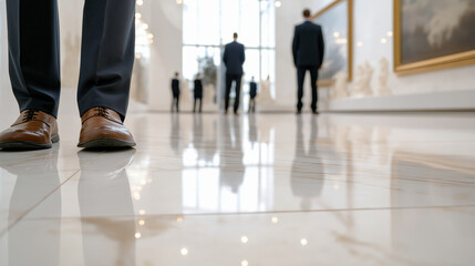 Businessman browsing art gallery, examining paintings and sculptures, blending art and commerce