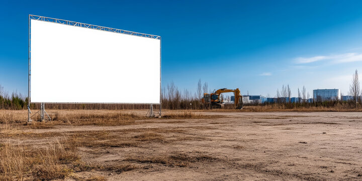 Advertising opportunity: white blank billboard in construction site with excavator and city skyline in background