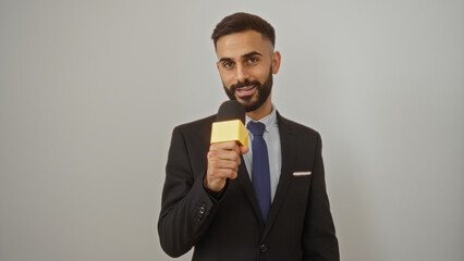 Handsome young hispanic man holding a microphone in a business suit standing over an isolated white...