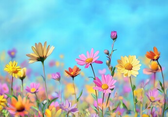 Fototapeta premium Vibrant Field of Colorful Wildflowers Under a Bright Blue Sky Capturing the Essence of Spring and Nature's Beauty in a Serene Landscape Scene