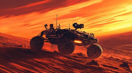 Fototapeta premium Futuristic rover traversing a red planet's desolate landscape under a fiery sunset.