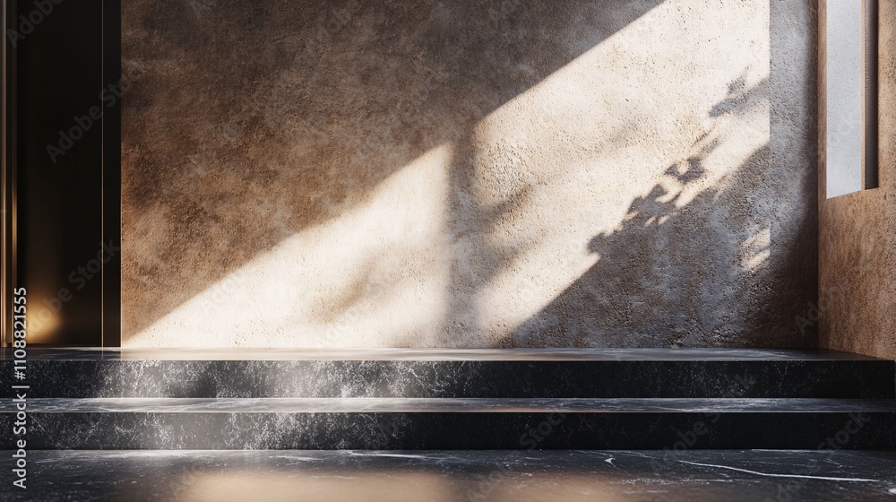 Poster Sunlight illuminating empty marble stairs in modern minimal interior design