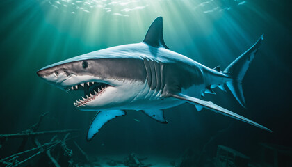 Fototapeta premium A translucent shark with glowing blue skeleton visible inside its body, swimming in mid-air.