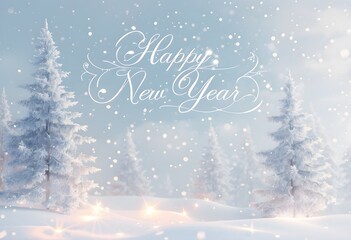 Serene White Winter Wonder New Year Design with Snowy Landscape, Pine Trees, and Glowing Lights