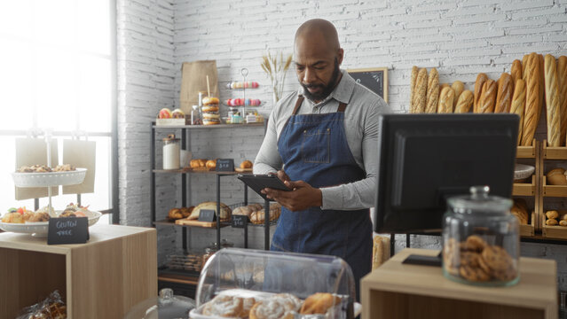 Young man in bakery room indoors with bald head and beard using tablet while standing behind counter in blue apron - Powered by Adobe