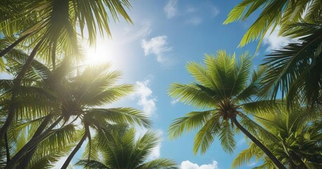 Fototapeta premium Coconut leaves rustling softly against the blue sky on a sunny day, serene landscape, , sun shining down