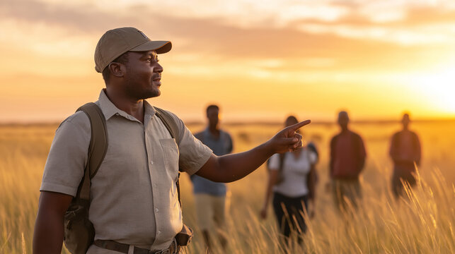 Fototapeta African safari guide leads eager tourists on a sunset wildlife viewing adventure in the savannah, setting a magical scene