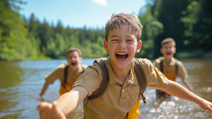 Fototapeta premium Cheerful scouts having fun at summer camp, running in the river, laughing and enjoying nature. Carefree kids exploring outdoors, learning and growing together
