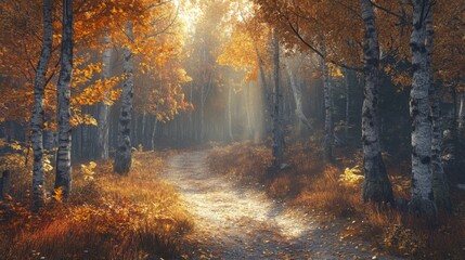 Obraz premium Sunlit path through autumnal birch forest.