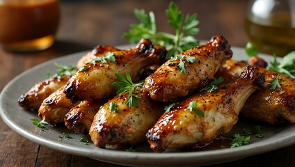 Fototapeta premium Savory grilled chicken wings with a glaze, garnished with fresh herbs on a platter.