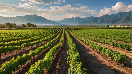 Naklejka premium Green fields with rows of grape vines ready for harvest with a backdrop of beautiful blue cloud mountains with an afternoon view. Generative Ai